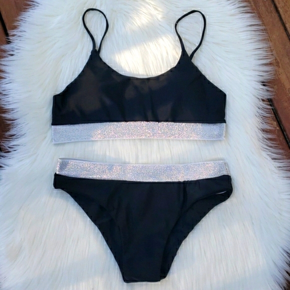 New Black Shimmering Bralette Top Bikini Set - Picture 4 of 7